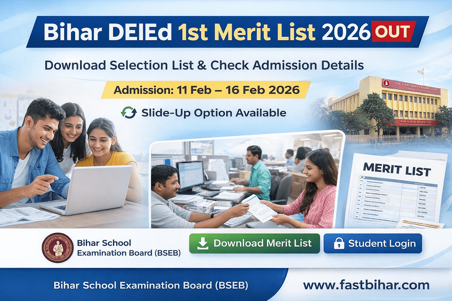 Bihar DElEd 1st Merit List 2026 banner with admission date and slide up option details