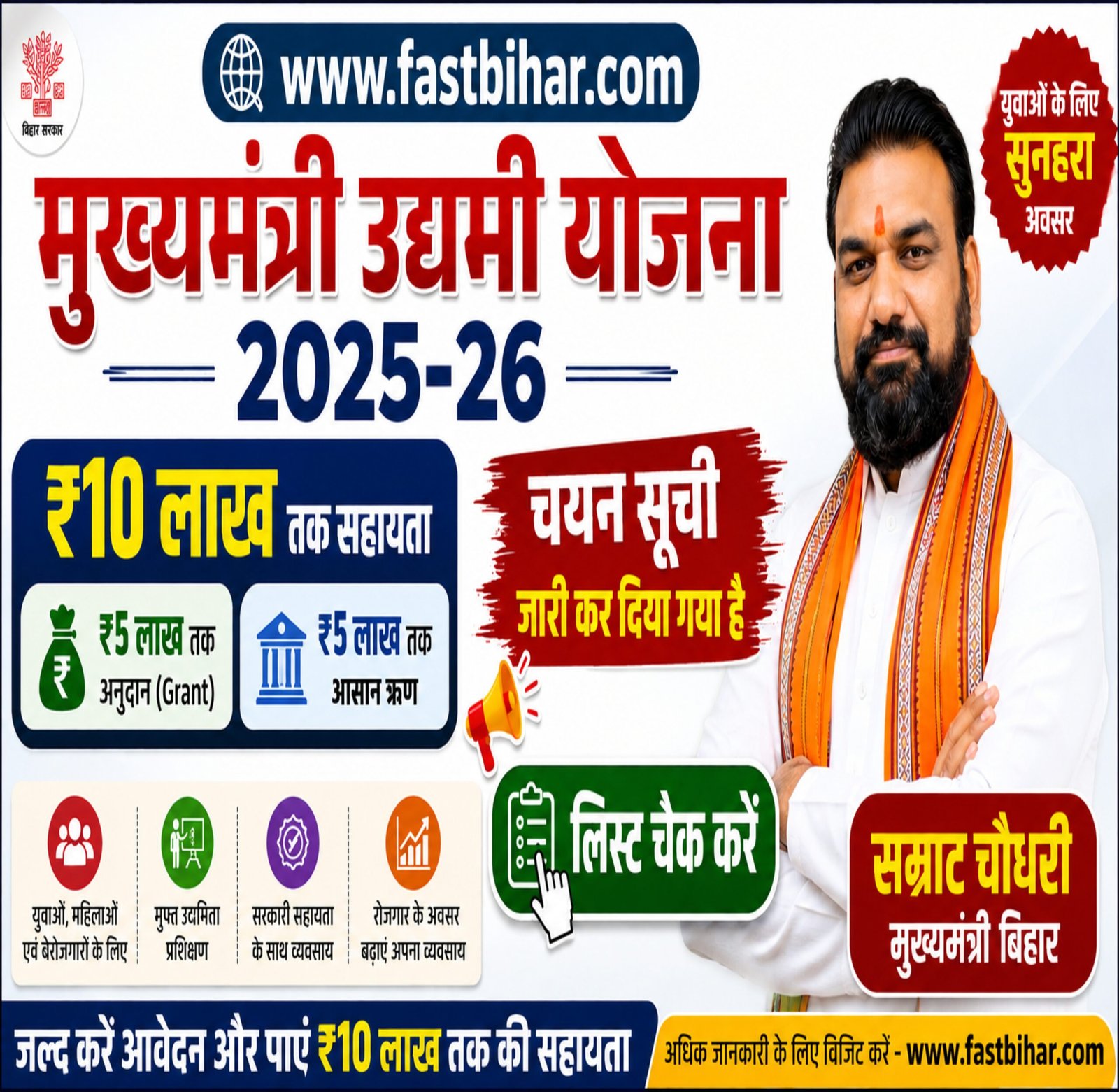 Mukhyamantri Udyami Yojana 2025-26: ₹10 लाख सहायता, Selection List जारी, यहाँ देखें नाम